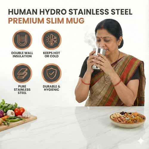 Image of Human Hydro Premium Double Wall Slim Stainless Steel Mugs | Set of 4 | 130 ml | Hot Inside & Cold Outside | Cool-Touch, Insulated Steel Mugs for Tea & Coffee