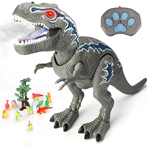 STEAM Life Remote Control Dinosaur Toys for Kids 3-5 - T Rex Dinosaur Toys with 12 Dino Figures - Light Up & Roaring Sound - Electronic Walking Dinosaur Toys - Dinosaur Robot Toy for Kids Boys (Gray)