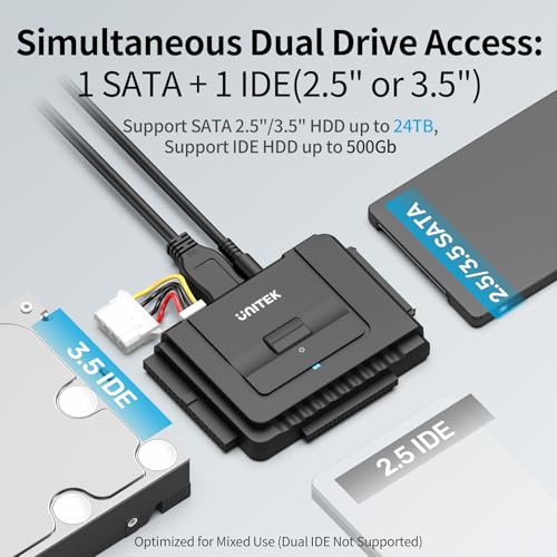 Image of Unitek USB C to IDE and SATA Converter External Hard Drive Adapter Kit for Universal 2.5 /3.5 HDD /SSD Hard Drive Disk, One Touch Backup Function, Included 12V /2A Power Adapter