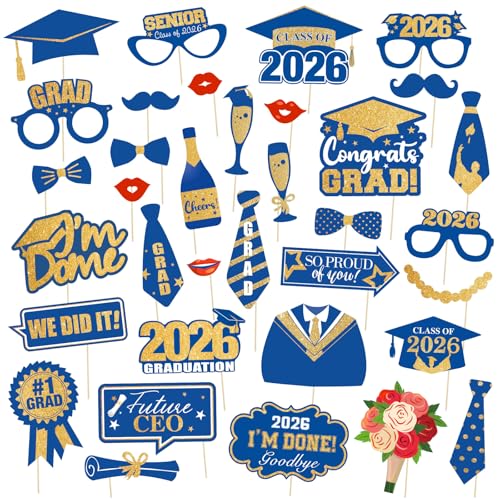 Happy Graduation 2026 Photo Booth Props 35pcs Blue Gold Graduation Photo Props Class of 2026 Grad Decor with Sticks for Kids Boy Girl Women Men Graduation Party Favors Supplies Decorations