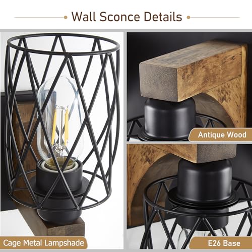 Image of Farmhouse Bathroom Vanity Light, 3-Light Wood Bathroom Light Fixtures Over Mirror, Black Industrial Vanity Lights with Metal Shade, Rustic Bathroom Lighting for Bedroom Living Room Hallway