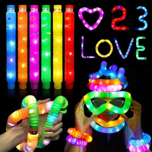 Image of Toyshine LED Flashing Pop Tube Fidget Toy 6 Pcs - Fun Pull and Pop Sensory Toys for Kids Adults - Stretch and Bend ADHD Autism Anxiety Stress Relief - Great Gift Party Prizes,Multicolour