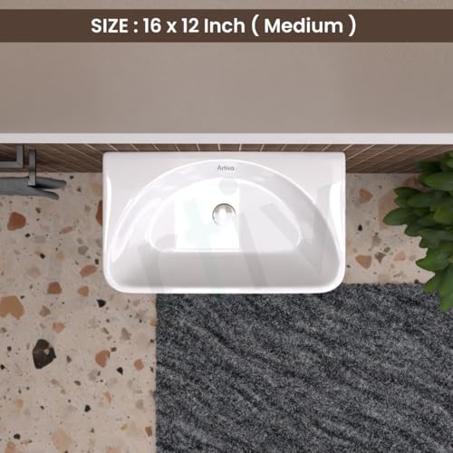 Image of Artiva Wall Mount Ceramic Wash Basin /Wash Basin For Bathroom /Glossy Finish Wall Hung Washbasin /Modern Bathroom Sink (Arch, 12 x 18 x 5 Inch)