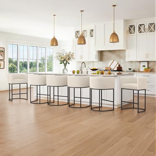 Image of LUE BONA Counter Height Bar Stools Set of 6, Modern Barrel Counter Stools with Backrest and Arms, Black Metal Frames, Linen Fabric Upholstered Barstools for Kitchen, Light Linen Color