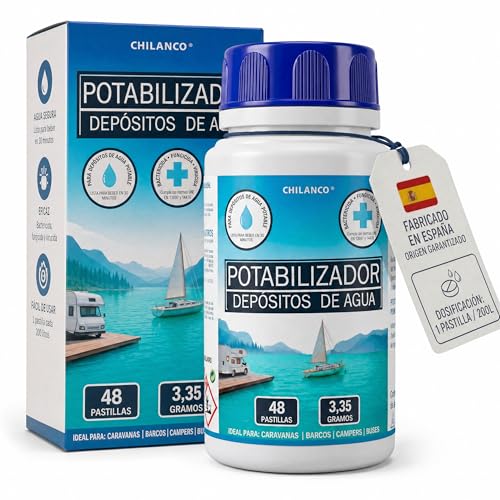 Chilanco (Pack 3 Botes) Pastillas Potabilizadoras Purificador de Agua para Autocaravanas, Barcos y Camper en Depósitos de Agua Potable | 1 Pastilla Purifica 200 litros | 48 Unidades