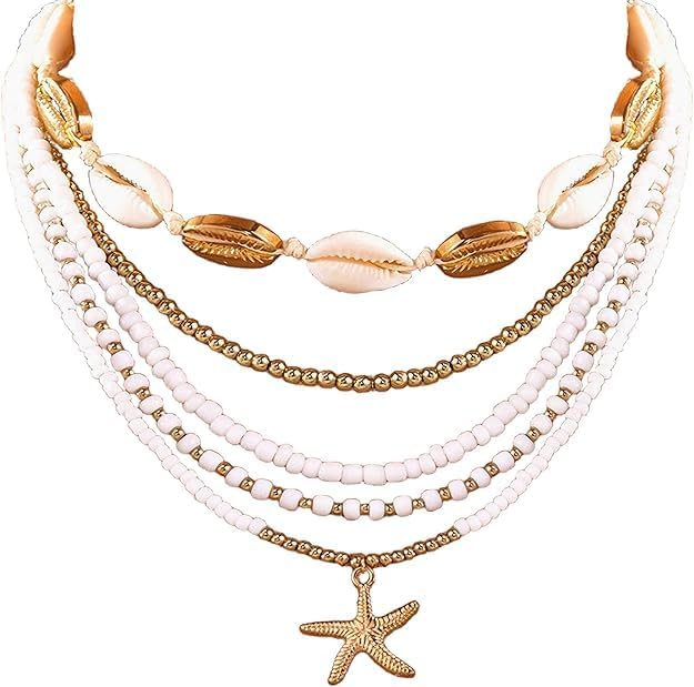 Pack of 5 Beach Boho Layered Necklaces for Women, Summer 2025 Clay Bead, Puka Shell & Starfish Choker Set, Coastal Jewelry for Travel Outfits, Beach Parties, and Vacation Style