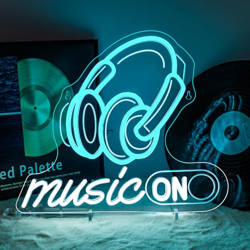 Image of Horseneon Music On Neon Sign Rhythmic LED Wall Decor for DJ Studios, Music Rooms & Gamer Setups, USB-Powered with Adjustable Brightness, Headphones Design
