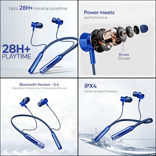 Image of Bluetooth Neckband Earphones, 28H+ Playtime, Bluetooth 5.4, 10mm Driver, IPX4 Splash Resistant (Blue)