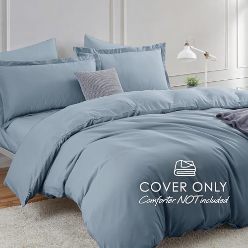Image of Hearth & Harbor Stone Blue Duvet Cover with Fitted Sheet King Size | 4 Piece Soft Double Brushed Bedding Set, Button Closure, 1 Duvet Cover 104x90 Inches, 1 Fitted Sheet, 2 Pillow Shams