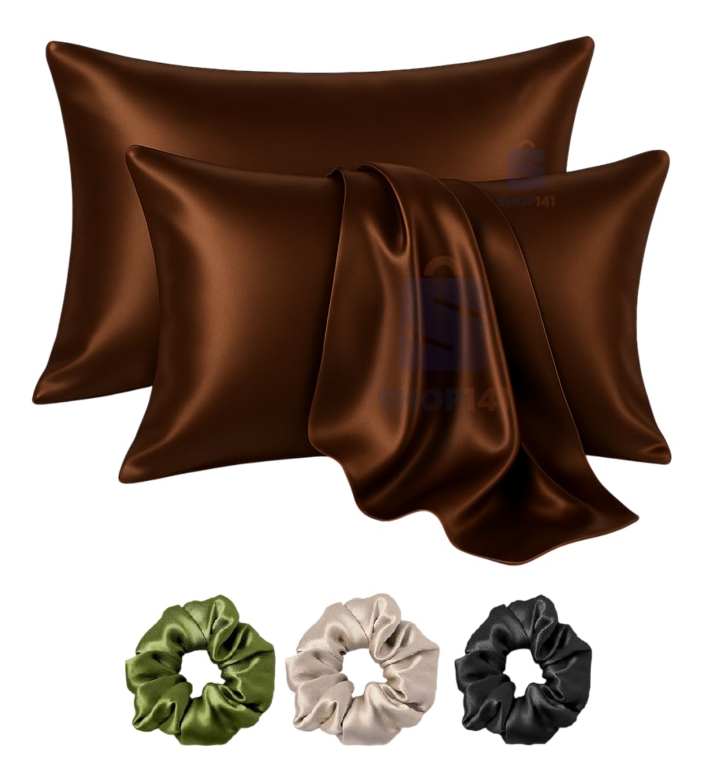 Shop141 Satin Silk Pillow Cover for Hair and Skin 2 Piece with 3 Piece Satin Silk Scrunchies Free Solid Pillow Covers with Envelope Closure (Coffee)