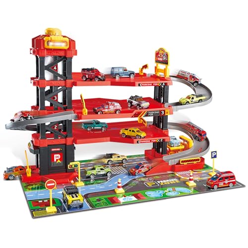 Dollox Parking Garage Toy Playset, Race Car Ramp Track Toys Sets Garage Playset with 6 Little Alloy Racer Cars Adventure Track, 3 Parking Levels Christmas Birthdays Gifts for Age 3 4 5 6 7 Boys Girls