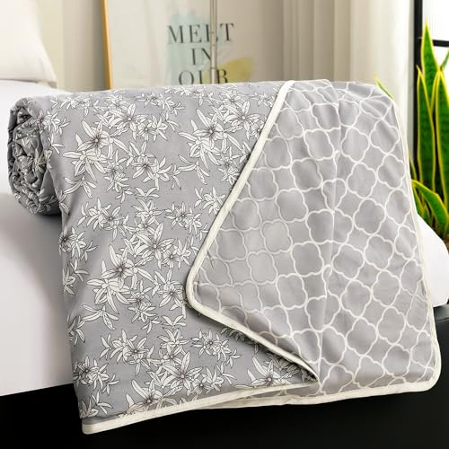 Image of Story@Home Dohar Double Bed Cotton | 150GSM 225 x240 cm Quilt AC Blanket for Summer | AC Comforter Double Bed | Grey & White Floral & Abstract Reversible Design Duvet | All-Season Blanket