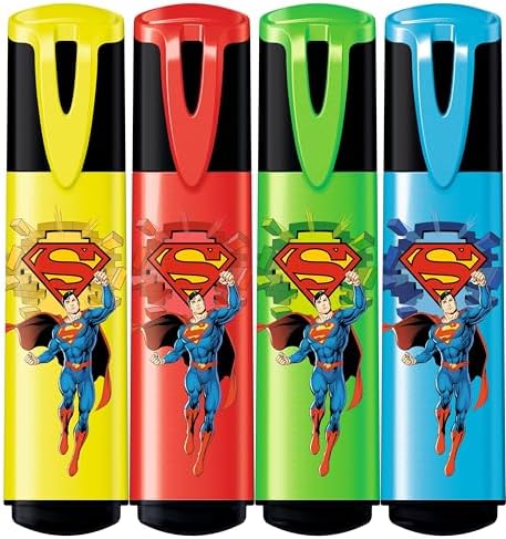 Maped - 4 Superman Highlighters in Bright Colours - Chisel Tip - Long Lasting Highlighters for School and Professional Use - Yellow + Red + Green + Blue image 4
