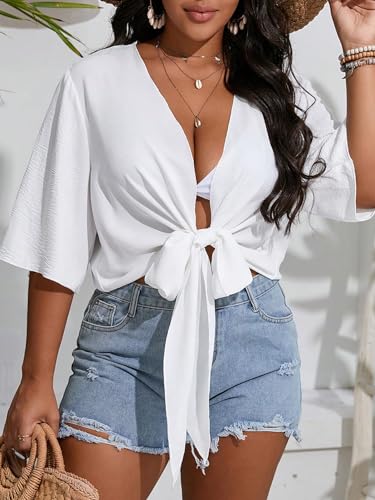 Floerns Women's Plus Size Tie Front Half Sleeve Kimono Cover Up Crop Tops4