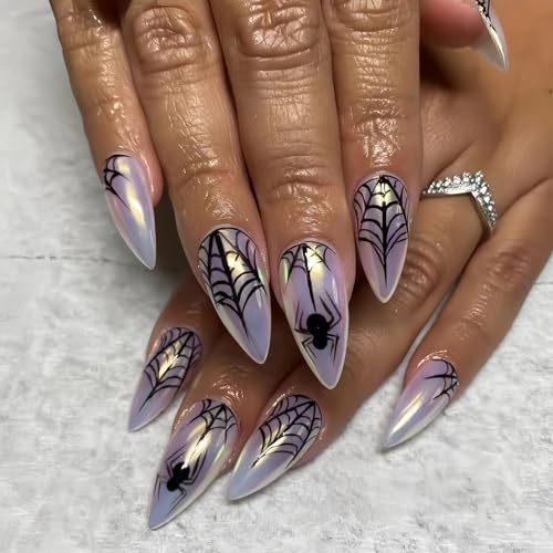 Tyuimhx Halloween Press on Nails Medium Almond Fake Nails with Spider Web Designs Purple Mirror False Nail Full Cover Stick on Nail Acrylic Artificial Fingernails for Women 24 Pcs