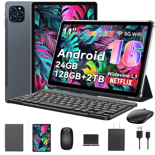 Tablet 2025 World's First Android 16 Tablet with Gemini AI, 11 Inch FHD Display, 24GB RAM 128GB ROM /2TB TF, T7250 CPU+13MP Camera, 8000mAh, Widevine L1, 2 in 1 Tablets with Keyboard Mouse S