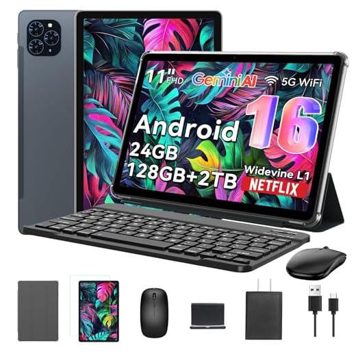 Tablet 2025 Das weltweit erste Android 16 Tablets mit Gemini AI, 11 Zoll FHD Display, 24GB RAM 128GB ROM / 2TB TF, 13MP Kamera, 8000mAh, Widevine L1, 5G WiFi, 2 in 1 - Tablet mit Tastatur und Stift