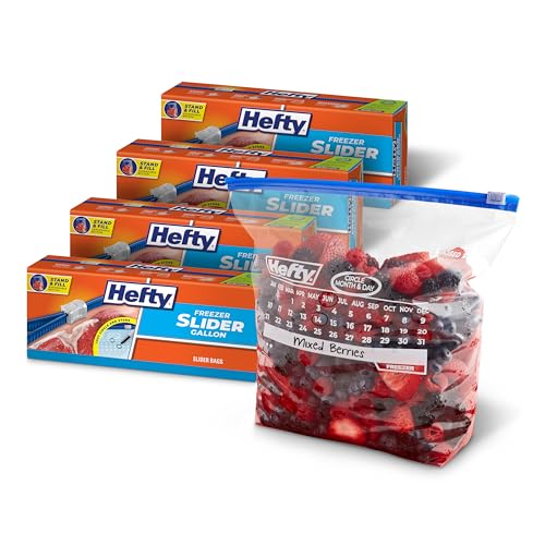 Hefty Calendar Slider Gallon Freezer Bags 25 Count (Pack of 4) Gallon Slider Bags for Freezer with Calendar Dates Holds Raw Meat Soups Fruits and Veggies and More Secure Zip and Click Closure