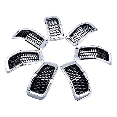 Image of Full Set Black Honeycomb Mesh Grille Insert + Chrome Cover Trim Ring Compatible with 2014-2018 Jeep Cherokee