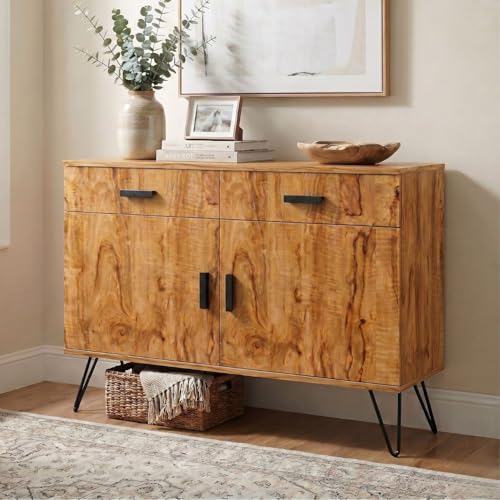 Image of FFO Wooden Sideboard Cabinet for Living Room | Wooden Living Room Storage Cabinet with Drawers, Side Cabinet for Bedroom, Modern Wood Finish, 2 Door Cupboard with Metal Legs Coach Wood DIY.