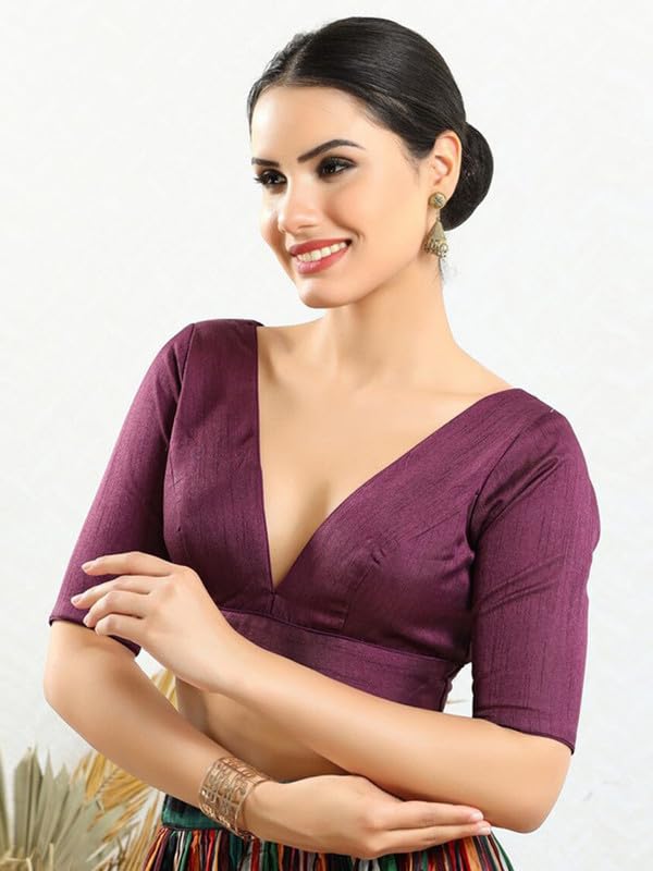 Image of Dupion Silk Solid Non Padded Saree Blouse Top V-Neck Short Sleeves Hook and Eye Closure and Tie-Up Back Choli