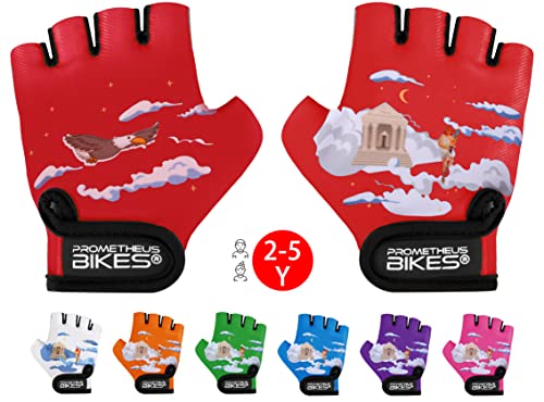 Prometheus Fahrradhandschuhe Kinder 2 3 4 5 Jahre | Fingerlos mit Pad für Jungen und Mädchen Fahrrad Handschuhe Gr. S in Rot Edition 2023 Cover