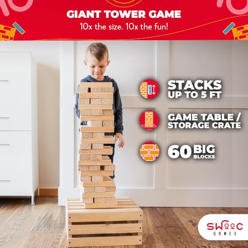 SWOOC Games - Giant Tower Game | 60 Large Blocks | Storage Crate/Outdoor Game Table | Starts Over 2.5ft Big | Max Height of 5ft | Genuine Jumbo Toppling Yard Games | Jumbo Backyard Set - Image 3