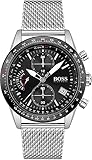 BOSS Chronograph Quarz Uhr für Herren mit Silbernes Edelstahl-Mesh-Gliederarmband - 1513886