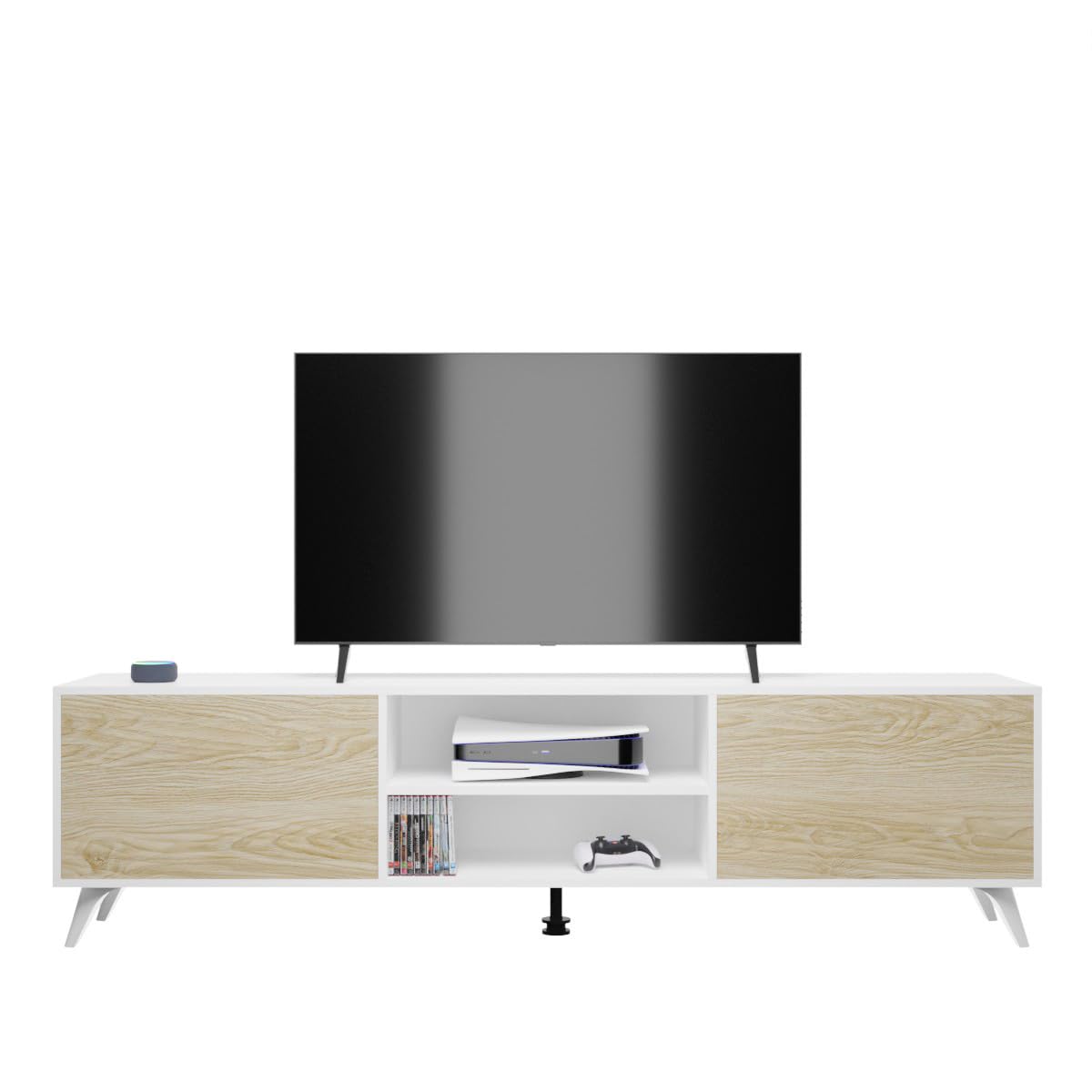 Homey Mueble de TV de Diseño Nórdico, 2 Compartimentos de Almacenamiento y 2 Puertas, Apto para Televisores de hasta 77 Pulgadas, Madera, Blanco-Roble, 49cm (Alto) x 180cm (Ancho) x 40cm (Fondo)