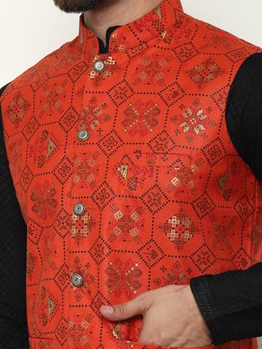 Image of SOJANYA (Since 1958 Men's Cotton Linen Maroon Kurta and White Pyjama with Mustard Cotton Nehru Jacket