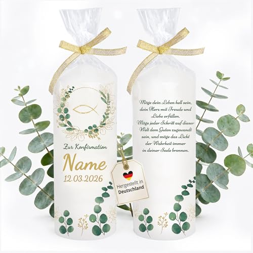 Kerze Konfirmation individuell mit Namen als Tischdeko. Tischdekoration Konfirmation als Geschenk personalisierbar. Liebevolle Kerze Taube Frieden Tiere Brenndauer: 35 Stunden Ø6 x Höhe 16 5 cm