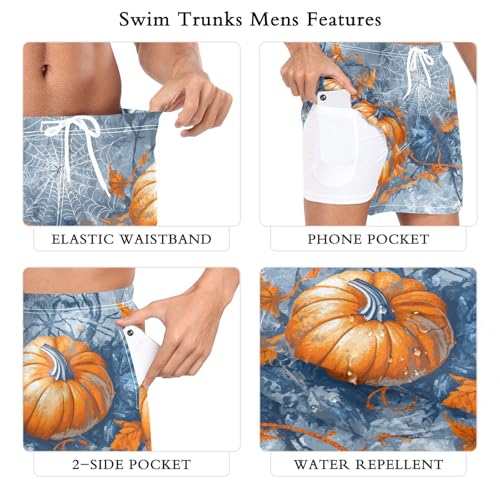 Mens Swim Trunks with Liner, Halloween Orange Pumpkins Cool Quick Dry Beach Swim Shorts, Swimwear Bathing Suits S3
