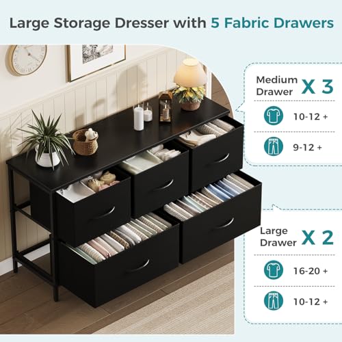Image of OLIXIS 5 Drawer Black Dresser for Bedroom, Closet Chest Organizer Furniture | TV Stand for Living Room Hallway, Wide Fabric Storage Tower with Wooden Top and Metal Frame