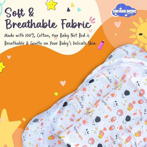 Image of Baby Bed with Mosquito and Insect Protection Net, Portable Mattress with Zip Closure & Pillow Ideal for Babies from 0-6 Months-Unisex (Panda Orange)