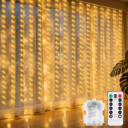ZAIYW 144 LED Lichtervorhang Innen 2 4M x 1 8M Lichterketten Vorhang Batterie mit Fernbedienung Timer 8 Modi Wasserdicht Lichtervorhang Fenster für Hochzeit Party Innen Außen Deko (Warmweiß)