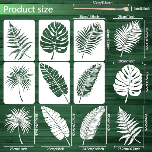 TWINKLEMON 6PCS Large Leaf Stencils for Painting on Walls 16 x 12 Inch Plant Stencil with Brushes Palm Leaf Wall Stencil Tropical Leaves Stencils Plastic Art Drawing Templates for Home Wall Decor