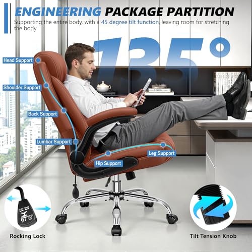 Image of BestGlory Executive Office Chair with Lumbar Support, Big and Tall Ergonomic Computer Desk Chair, Leather Comfy High Back Gaming Chair with Flip Up Arms & Rocking Function for Home Office, Brown