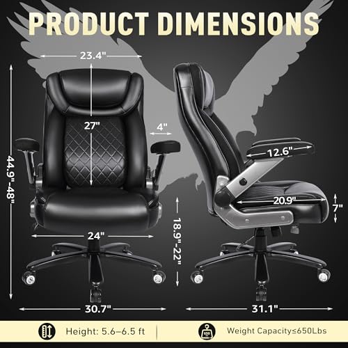 Image of 650 lbs Big and Tall Office Chair with Pop-Out Lumbar Support | Ergonomic High Back, 3D Flip-Up Armrests, Wide Pocket Spring Seat, 120 Rocking, Home & Office