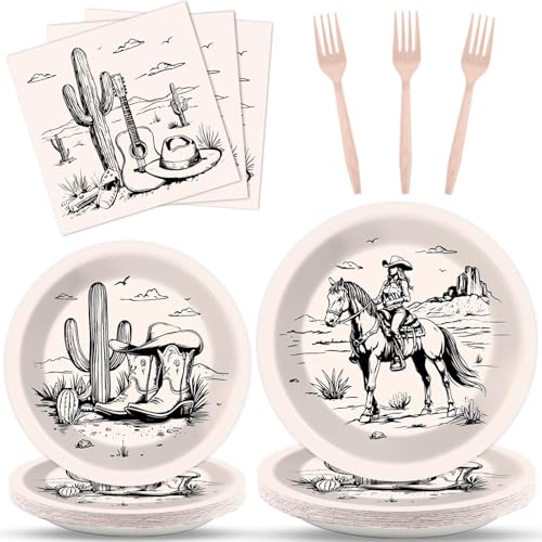 Image of gisgfim 96Pcs Western Party Plates and Napkin Happy Cowgirl Party Supplies Wild West Tableware Dinnerware Set Western Themed Paper Dinner Dessert Plate Decoration Favors for 24 Guests
