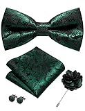 RBOCOTT Bowtie Dark Green Paisley Pre-tied Bow Tie and Pocket square with Cufflinks Lapel Pin Sets for Men 4PCS(9)