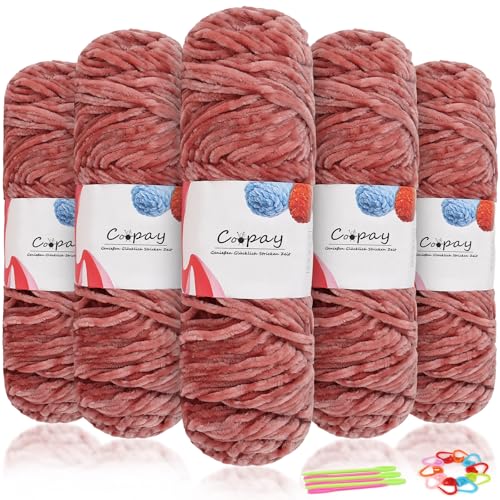 Coopay Samt Chenille Wolle, 500g (5x100g) Velvet Chenillegarn Wolle zum Häkeln, Flauschige Weicher Babywolle für Kinder, Samtig Chenillewolle mit Häkelzubehör für Puppen, Schals