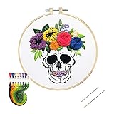 Nuberlic Embroidery Kit for Beginners Cross Stitch Kits Halloween Skull with Flowers DIY Needlepoint Kit for Adults