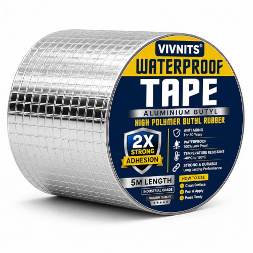 Image of VIVNITS Waterproof Butyl Aluminium Foil Tape for Roof Leakage, Heavy Duty Self Adhesive Waterproof Sealing Tape for Water Tank, Wall, Pipe, Terrace Crack Repair, Duct & Water Leakage Solution, Silver