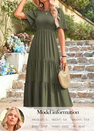 Image of KIRUNDO Summer Dresses for Women 2026 Spring Casual Flutter Short Sleeve Wedding Guest Smocked Flowy Tiered Aline Midi Dress