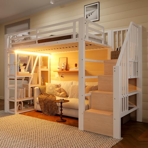 Merax Hochbett 90x200 cm, Metallbett mit Treppe und Rausfallschutz, Funktionsbett Kinderhochbett mit LED, Ablagefach, offener Stauraum unter dem Bett,...