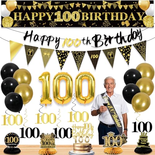 Image of 100th Birthday Decorations for Men, Black Gold 100th Party Decoration Kits | 27pcs Happy 100th Birthday Set, Banner, Honeycomb, Balloons, Gold Number, Candle, Hanging Swirls, Cake Topper, Party Supplies