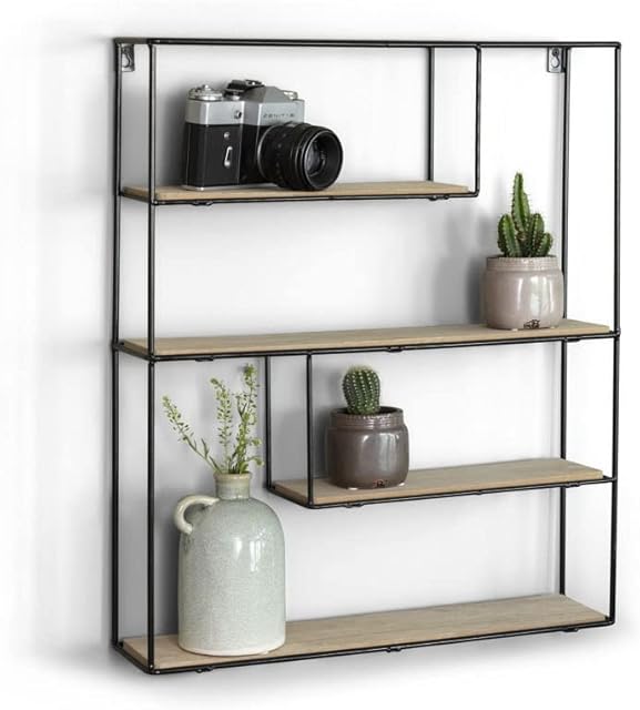 LIFA LIVING Wall Shelf 4 Tiers, Rectangular Wall Shelf in MDF Wood and Black Metal, Decorative Hanging Shelf, Pre-assembled Floating Shelf, 55 x 11 x 45 cm