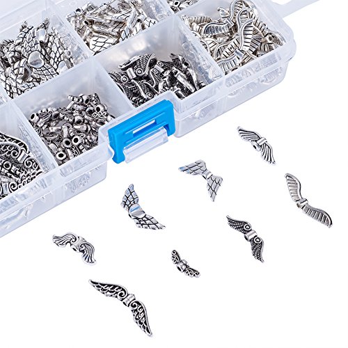 Kissitty Assorted 8 Styles Antique Silver Plated Alloy Wing Charm Beads Spacers With Container Box For Jewelry Making About 240Pcs/Box #TOP1