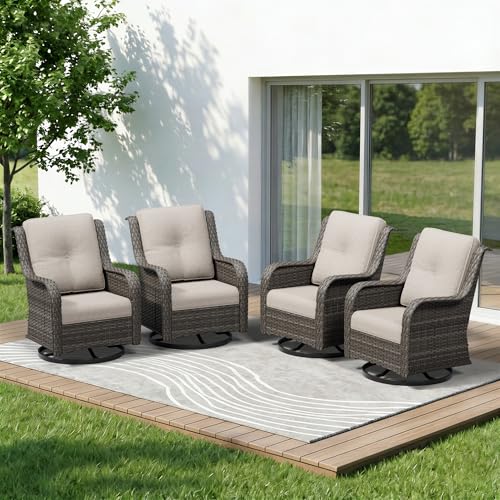 Image of 4 Piece Outdoor Swivel Rocker Patio Chairs Set, Patio Chairs Set of 4 with Thickened Olefin Cushions, High Back and Deep Seating, Hand-Woven PE Rattan for Porch, Deck, Beige