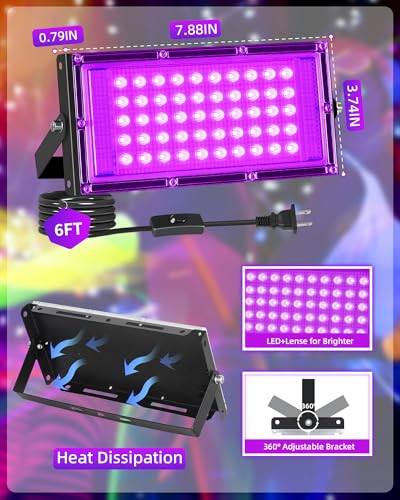 Image of THECHAM 50W LED Black Lights IP66 Waterproof Black Light Outdoor with 6ft Plug+Switch,Flood Blacklight for Halloween Glow in The Dark Party Stage Light Neon Glow Birthday 1 Pack